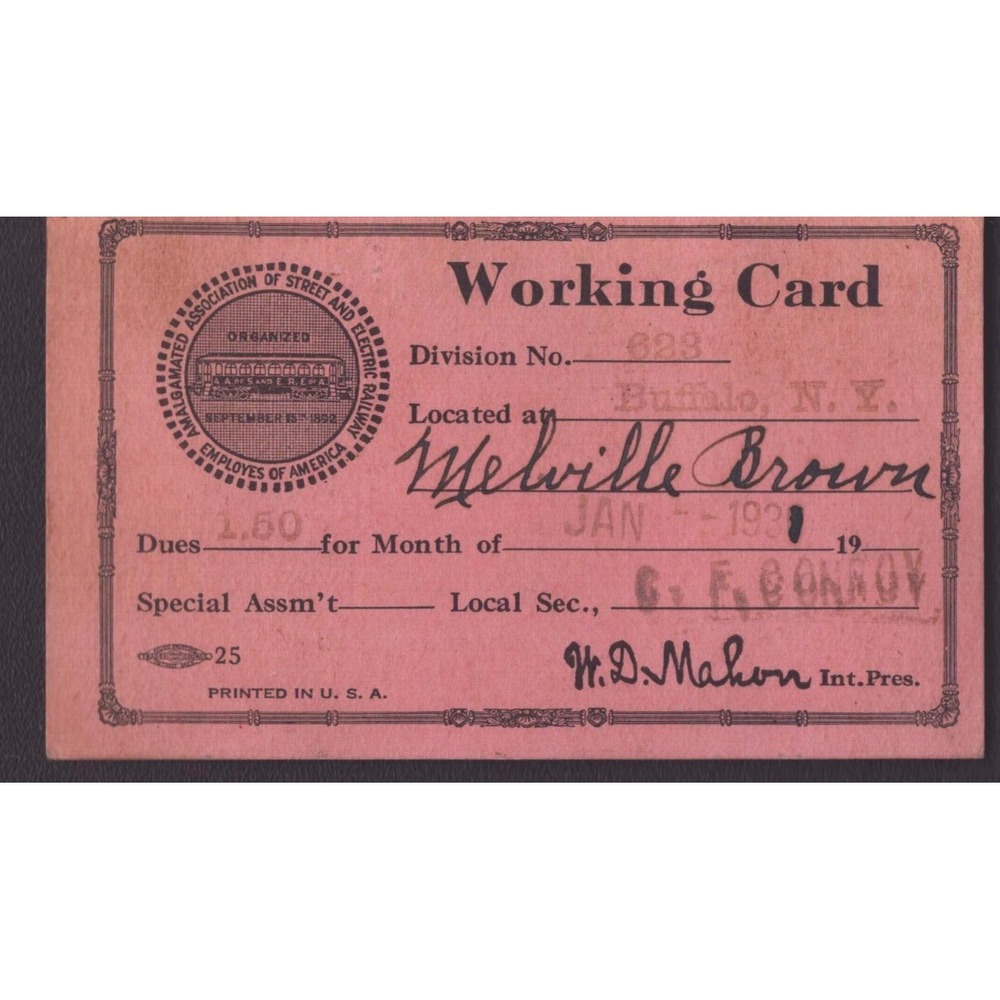 1931 Amalgamated Association Street Electric Railway Union Working Card Buffalo - Picture 1 of 2
